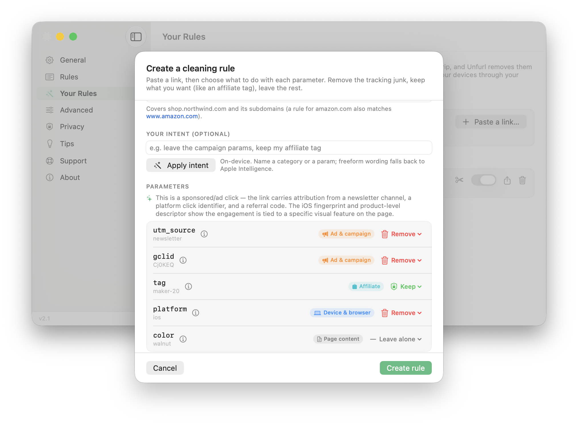 A folha “Create a cleaning rule” do Unfurl para shop.northwind.com. Um resumo da Apple Intelligence no dispositivo lê o link como um clique em anúncio patrocinado; depois cada parâmetro aparece com uma etiqueta de categoria e uma ação: utm_source e gclid como Ad & campaign, em Remove; tag como Affiliate, em Keep; platform como Device & browser, em Remove; e color como Page content, em Leave alone.