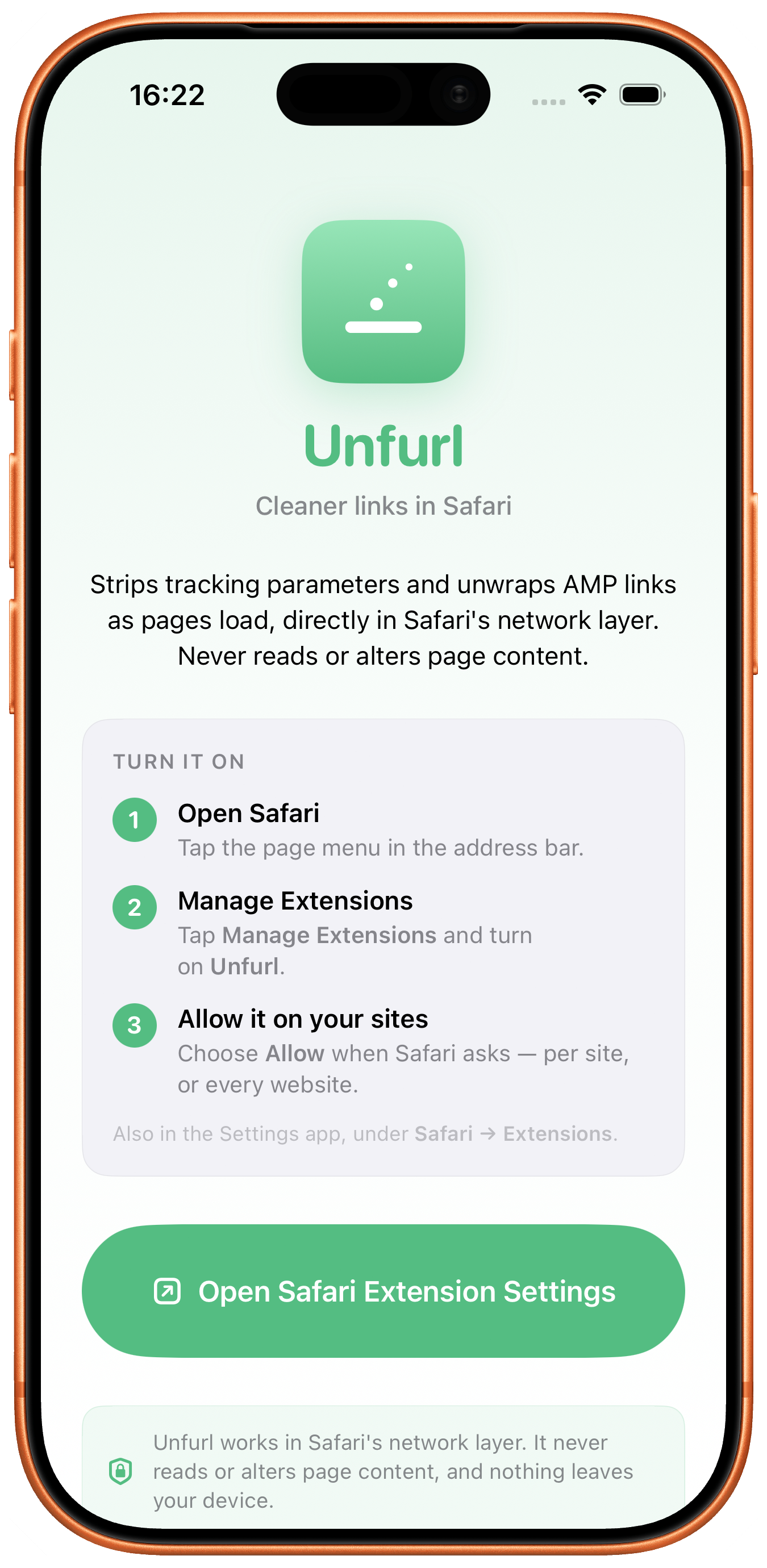 O Unfurl no iPhone — a tela de configuração da extensão do Safari, com os passos para ativá-la nos Ajustes.