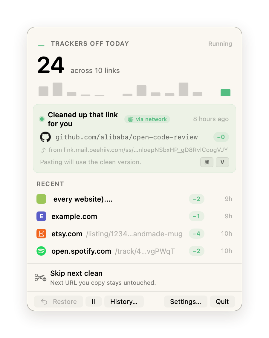 O menu do Unfurl na barra de menus: 24 rastreadores removidos hoje em 10 links, o link limpo mais recente e limpezas recentes de example.com, etsy.com e open.spotify.com.