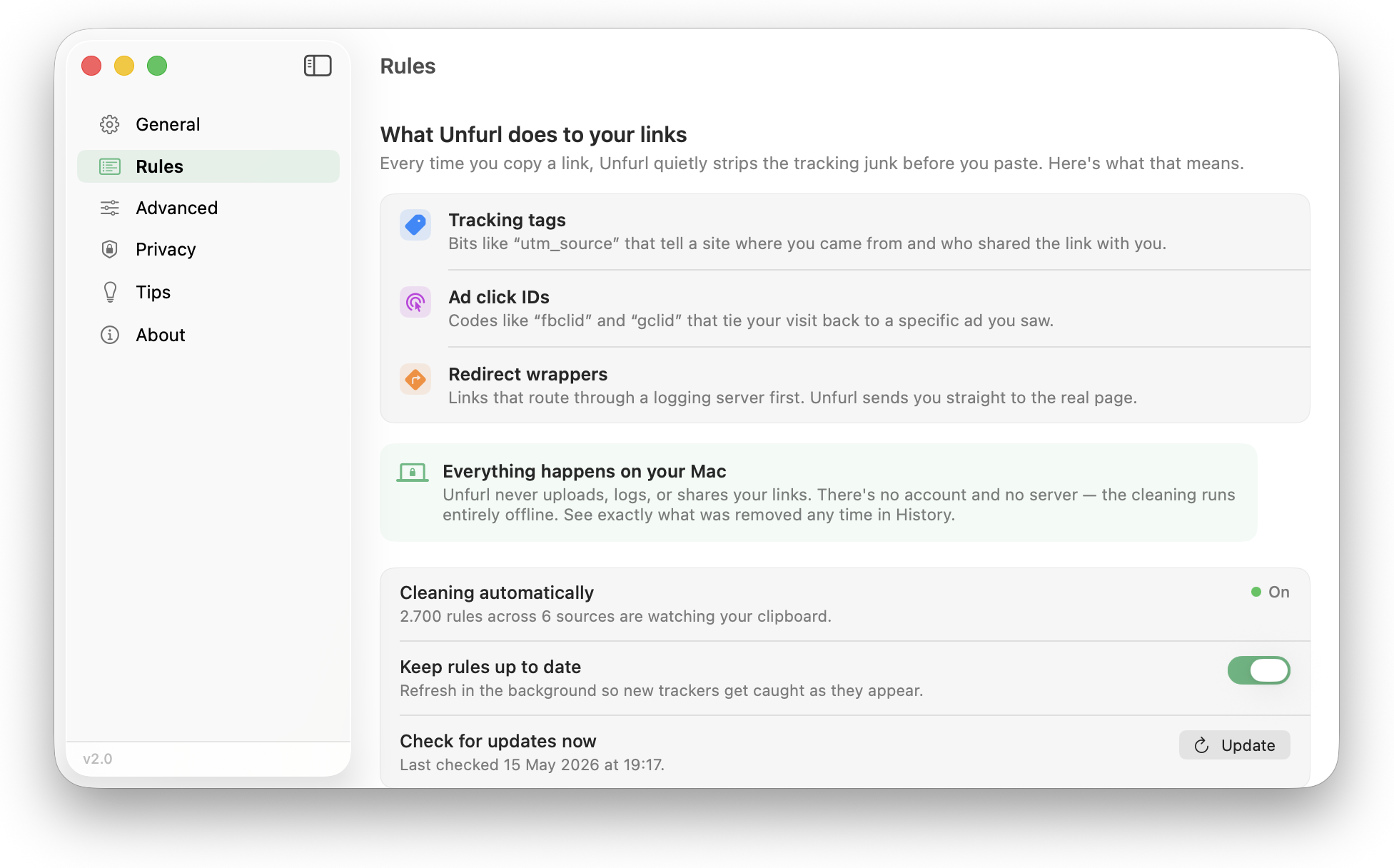 Os ajustes Rules do Unfurl: “What Unfurl does to your links” explica em linguagem simples etiquetas de campanha, IDs de clique em anúncios e embrulhos de redirecionamento; 2.700 regras de 6 fontes limpam automaticamente, com uma chave para manter as regras atualizadas e um botão para buscar atualizações.