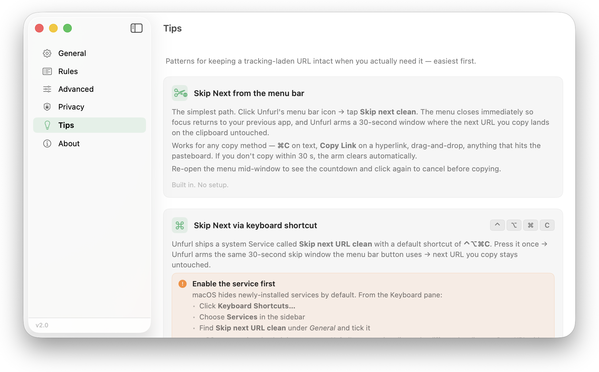 O painel de ajustes Tips do Unfurl, com Skip Next pela barra de menus e Skip Next por atalho de teclado, o atalho ⌃⌥⌘C e uma nota sobre como ativar o serviço do macOS.